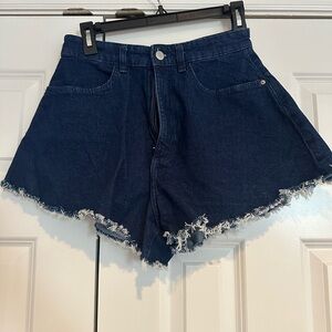 WeWoreWhat Dark Blue Denim Frayed High-Rise Shorts